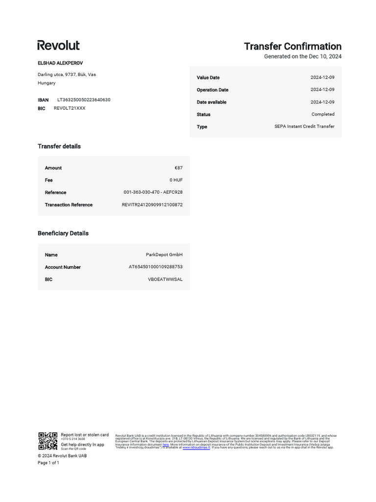 ParkDepot GmbH Transfer Confirmation | PDF | Service Industries | Money
