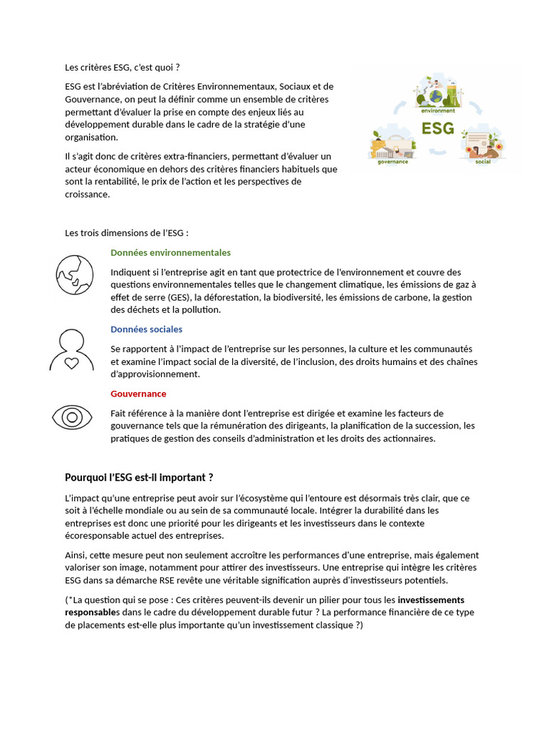 Comprendre les critères ESG en entreprise | PDF | Développement durable ...