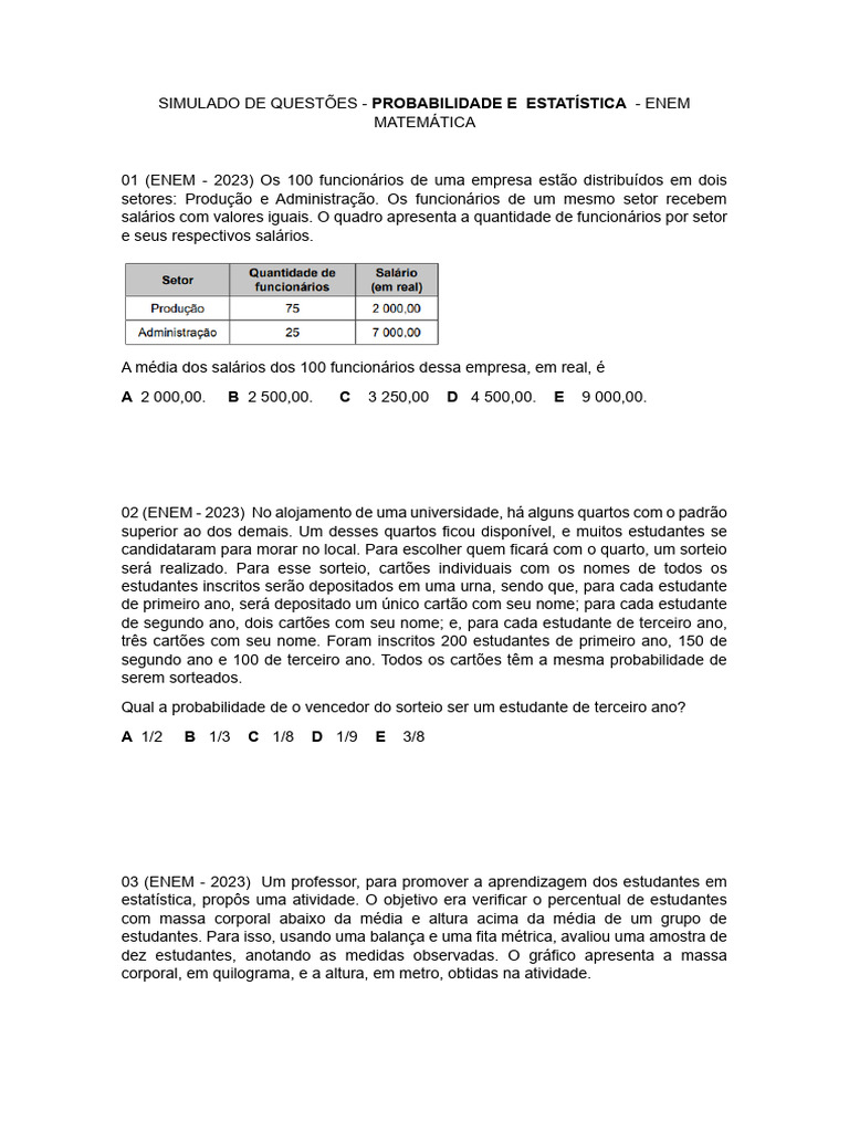 Simulado de Questões - Probabilidade e Estatística - Enem Matemática ...
