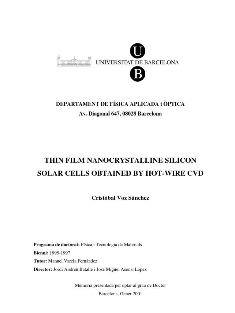 Thin Film Nano Crystalline Silicon Solar Cell Obtained by Howire CVD ...