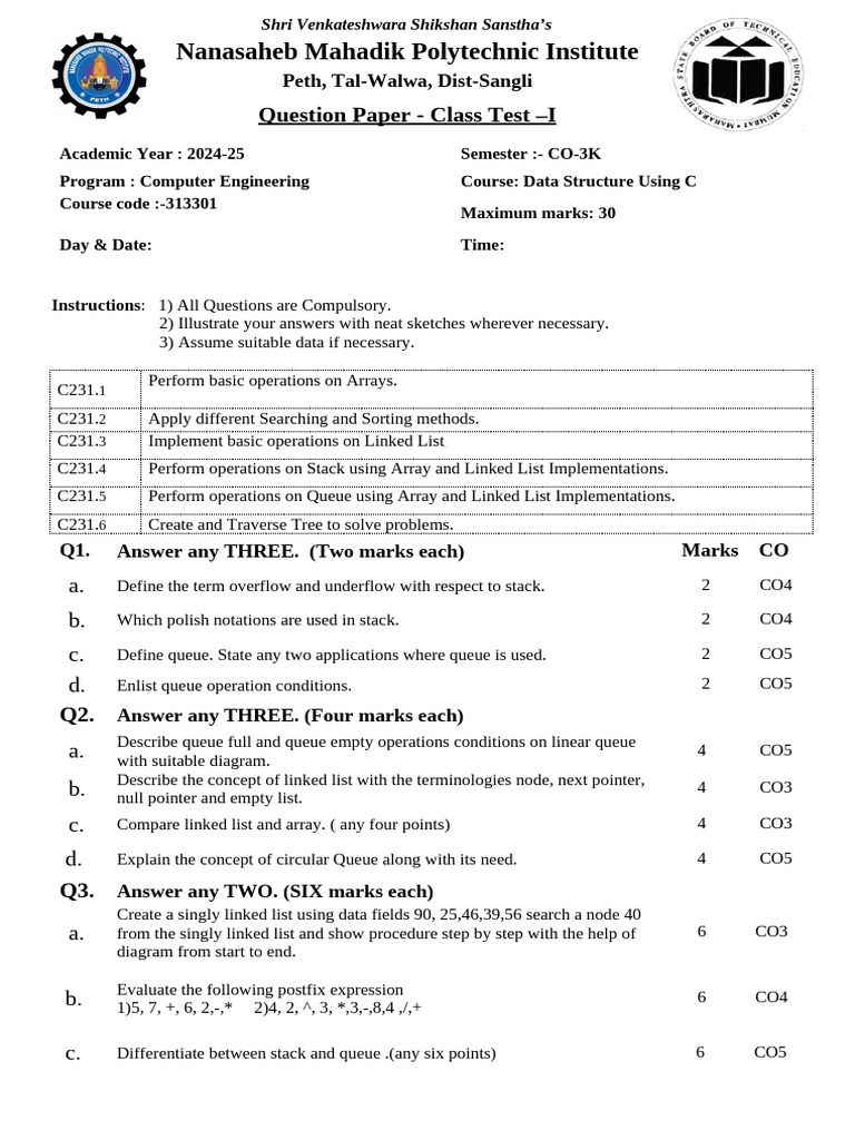 SYCO Class Test 2-2024-25 | PDF | Queue (Abstract Data Type) | Software ...