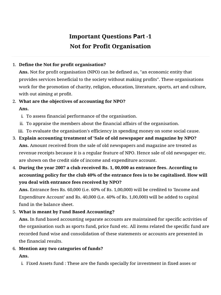 Important Questions - 1 Not For Profit Organisation | PDF | Fund ...