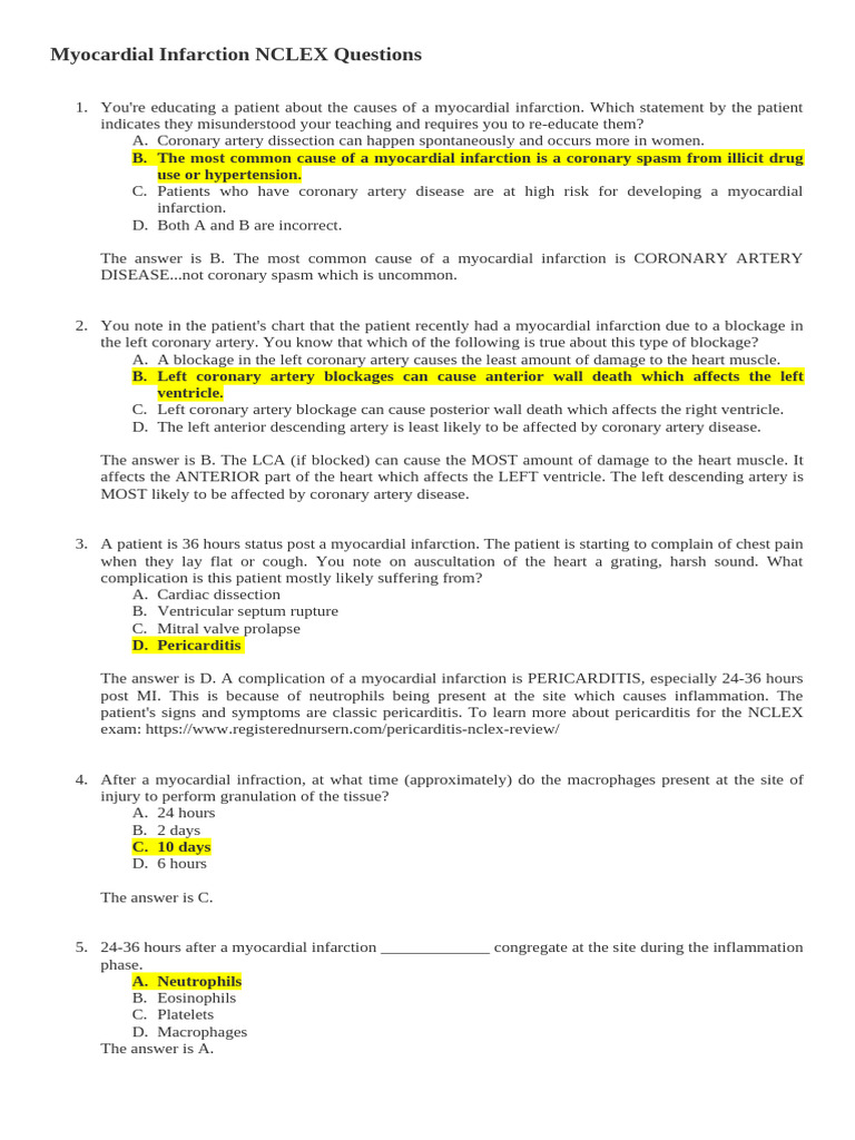 NCLEX Myocardial Infarction Questions | PDF | Coronary Circulation ...