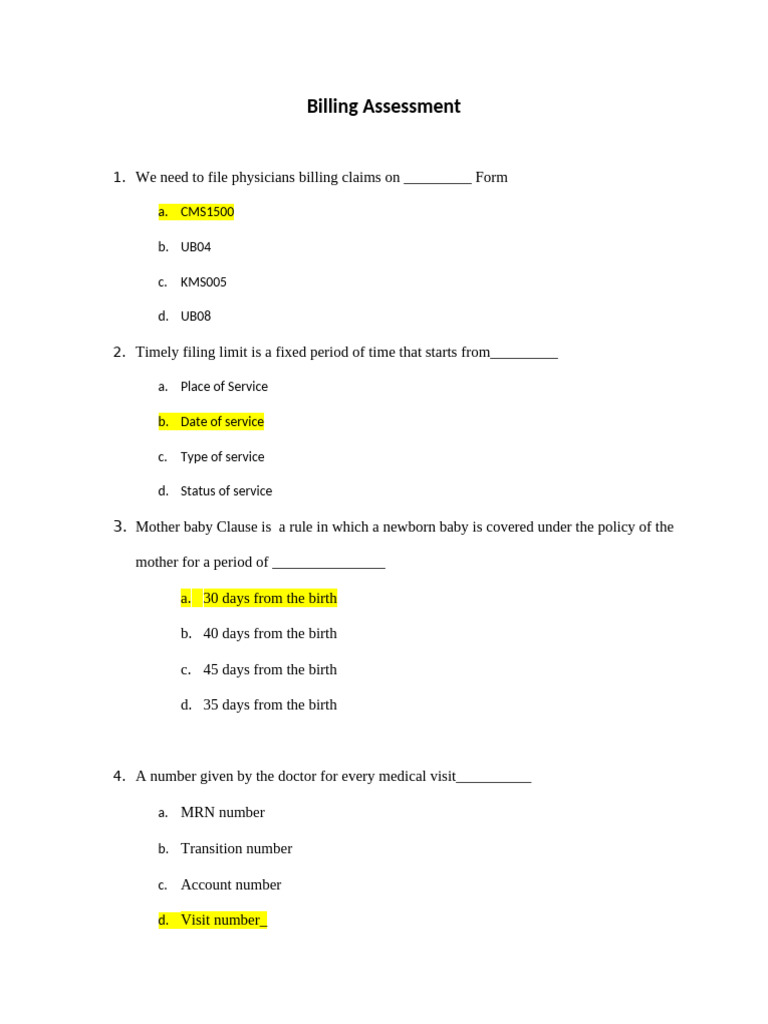 Medical Billing Assessment Quiz | PDF | Patient | Hospital