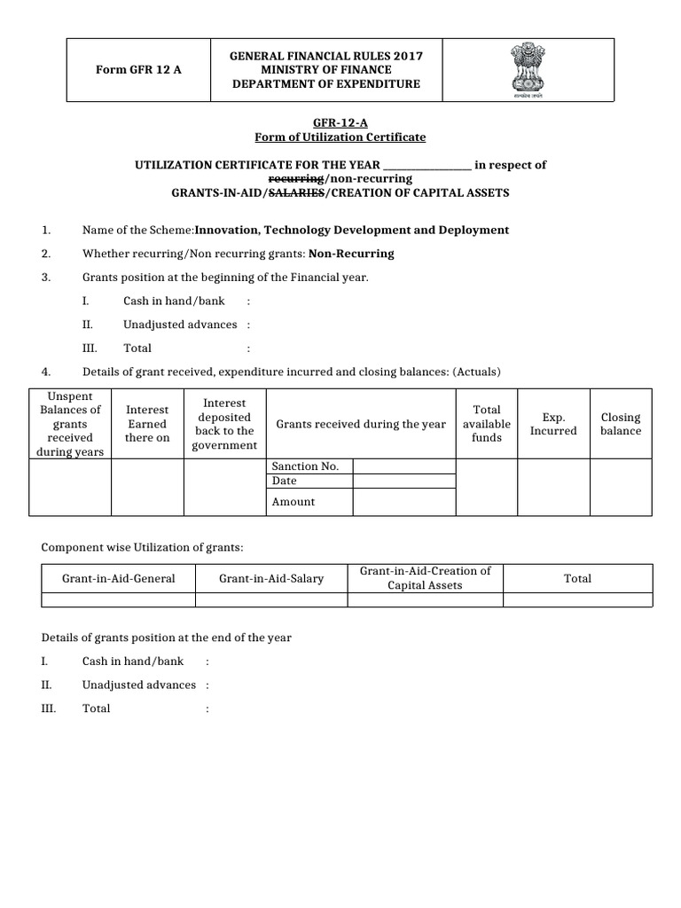 Utilization Certificate Form GFR 12 A | PDF | Expense | Banks