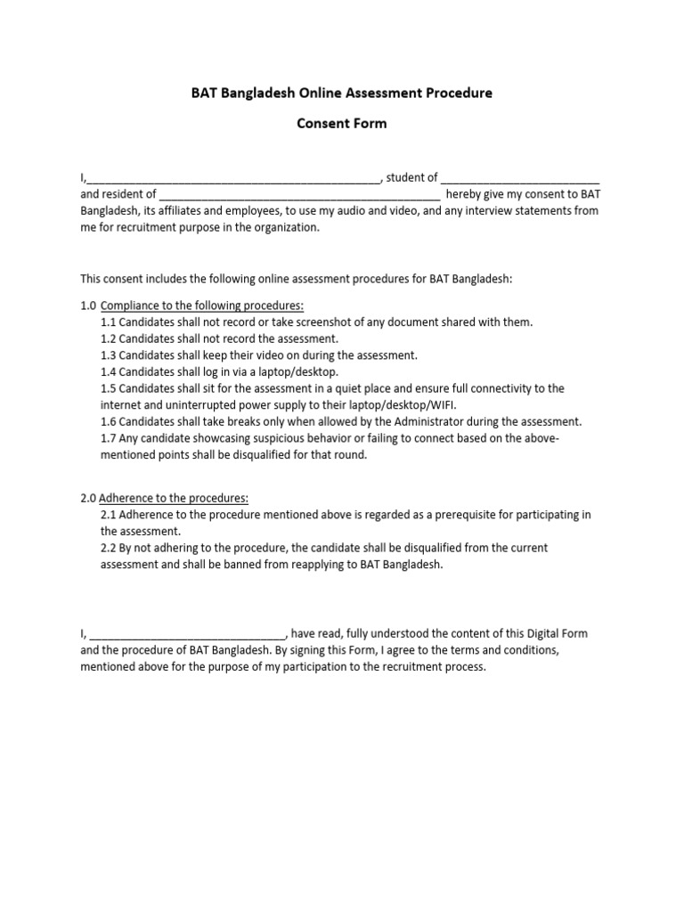 BAT Bangladesh Online Assessment Procedure - Consent Form | PDF
