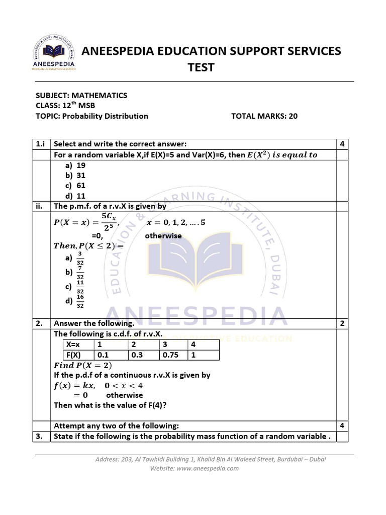 12 MSB Maths Test - Probability Distribution 3 | PDF | Variance ...