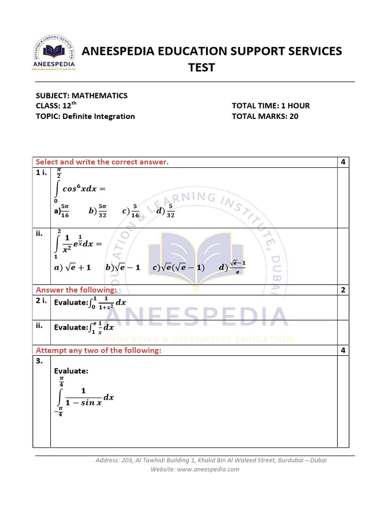 12 MSB Maths Test - Definite Integration | PDF | Mathematics | Science