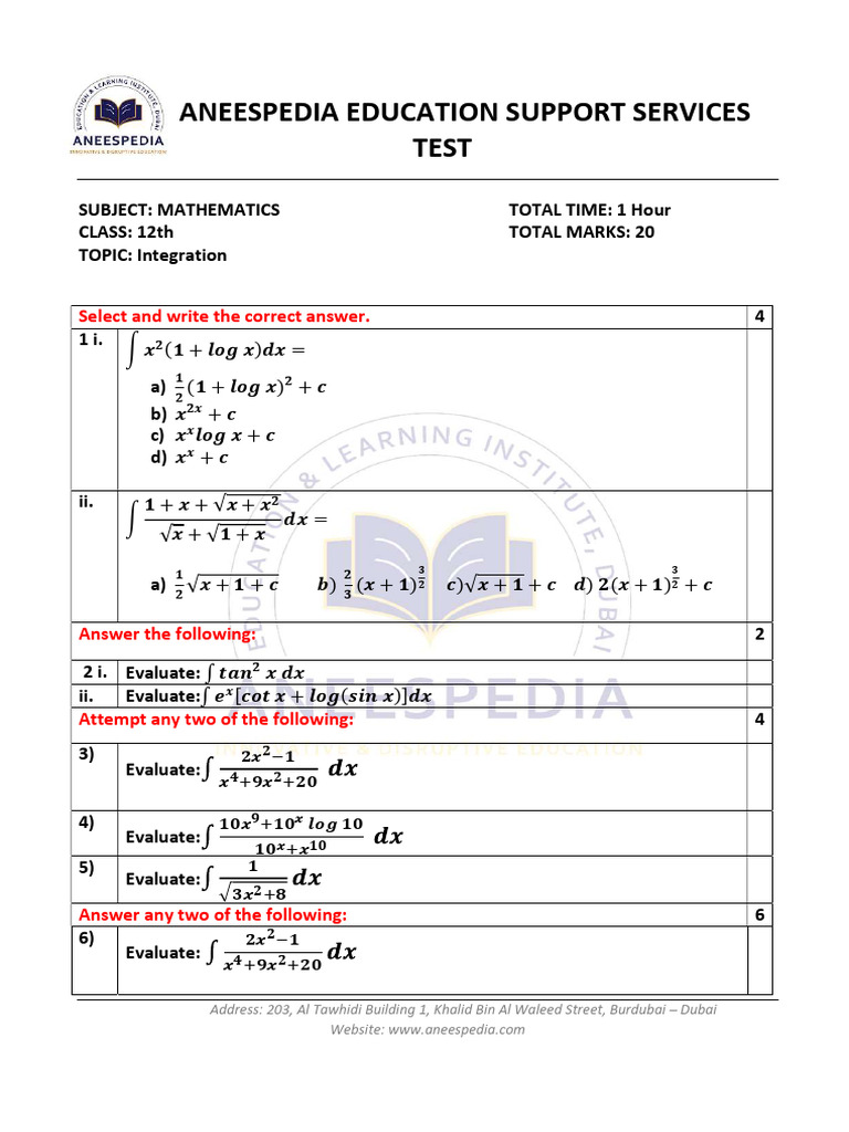 12 MSB Maths Test - Integration | PDF | Mathematics