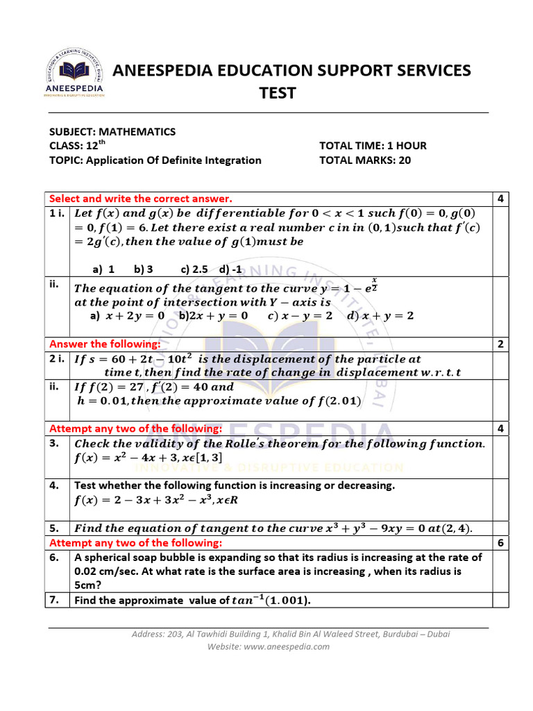 12 MSB Maths Test - Application of Definite Integration | PDF ...