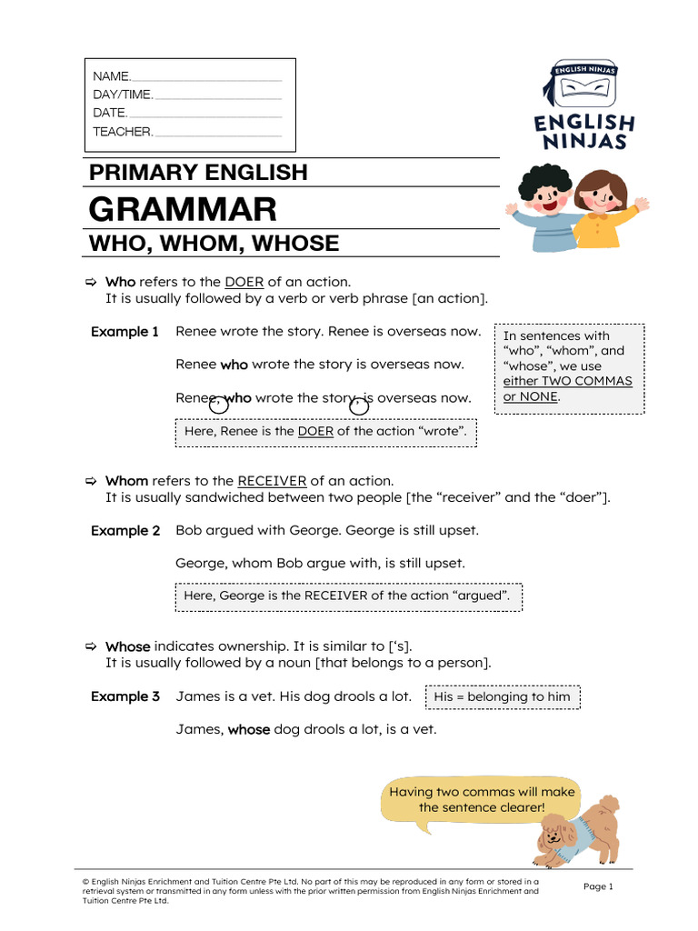 Primary English Grammar: Who, Whom, Whose | PDF | Grammar | Linguistics