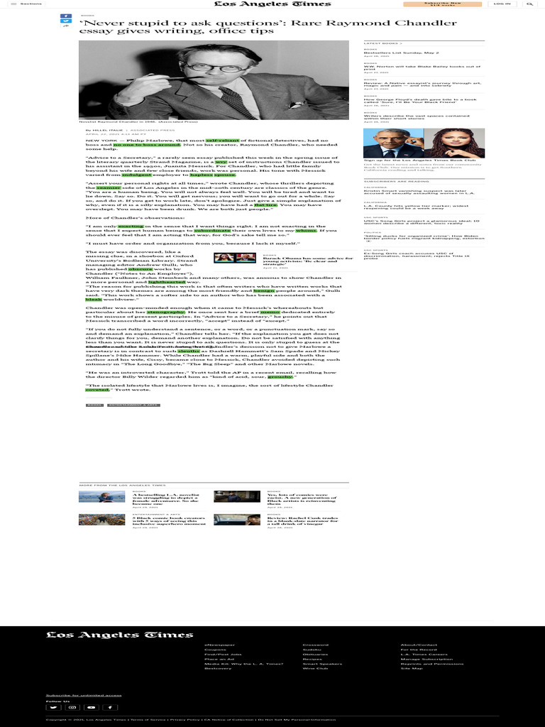 Rare Raymond Chandler Essay Gives Writing, Office Tips - Los Angeles ...