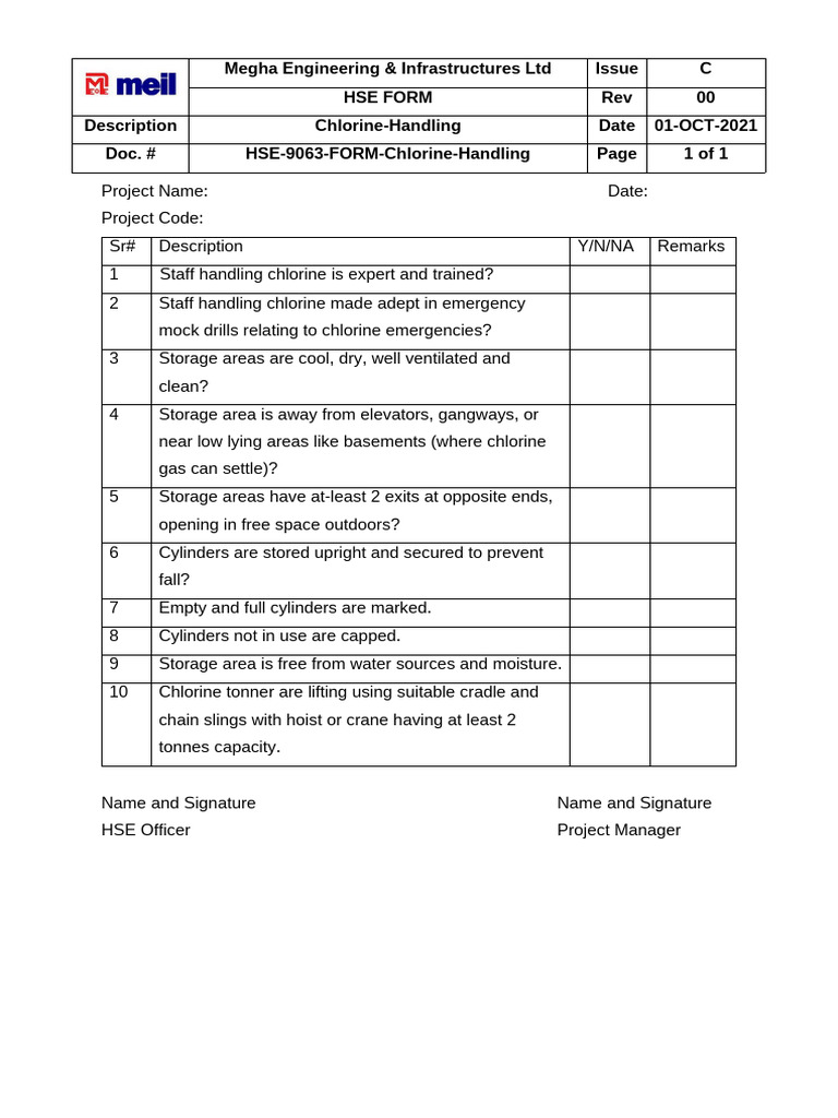 HSE-9063-FORM-Chlorine-Handling-00 | PDF