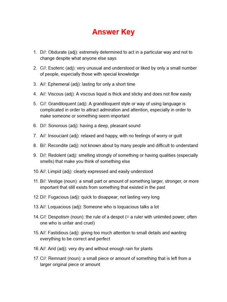 Vocabulary Answer Key and Definitions | PDF