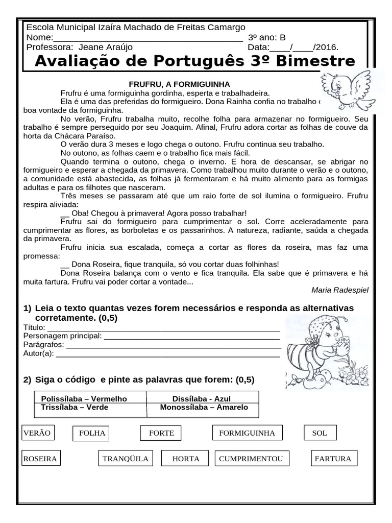 Avaliacao de Portugues 3º Ano 3º Bimestre | PDF | Sílaba