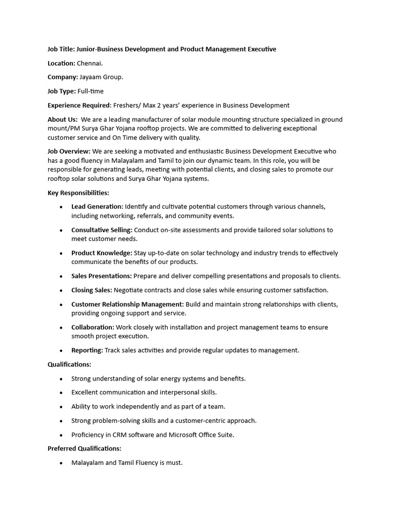 Junior Business Development Executive - Solar | PDF | Customer ...