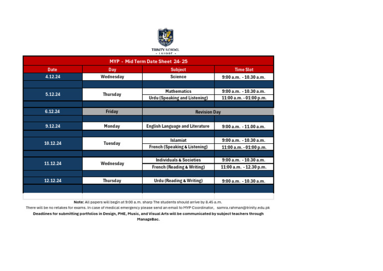 MYP Mid Term Exam Schedule 2024 | PDF