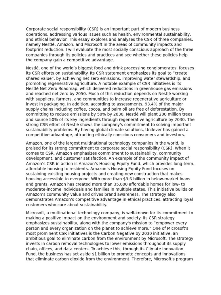 CSR Strategies of Nestlé, Amazon, Microsoft | PDF | Corporate Social ...
