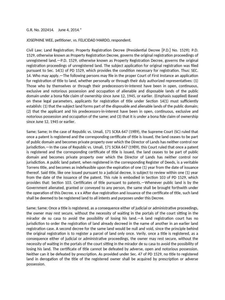 Wee vs. Mardo - Reconveyance 2014 | PDF | Res Judicata | Complaint