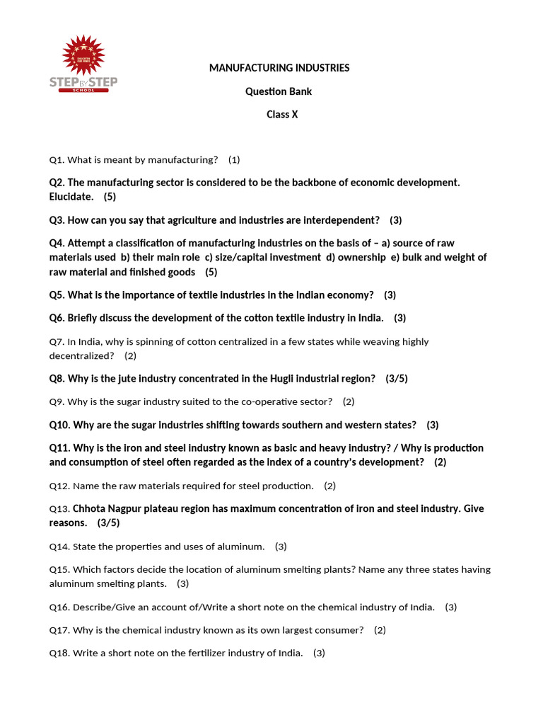 Manufacturing Industries Question Bank | PDF | Economies | Secondary ...