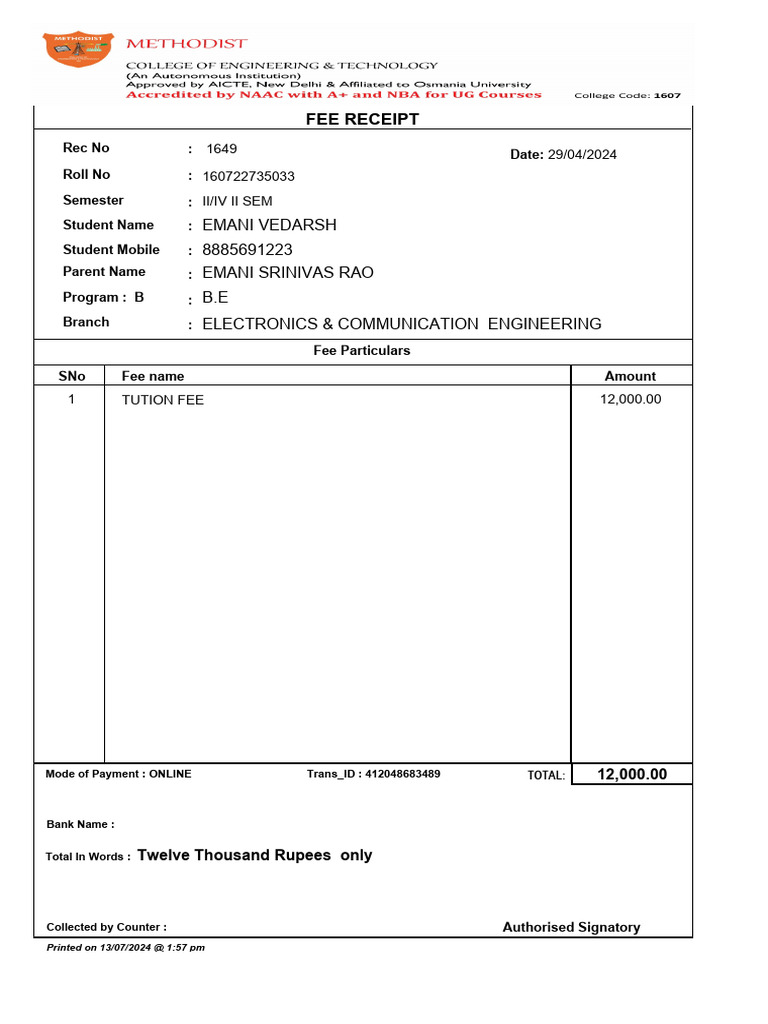 Fee Receipt for B.E. Electronics Engineering | PDF