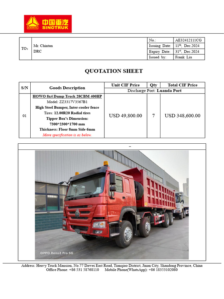 400HP HOWO 8x4 Dump Truck Quotation | PDF | Truck | Car Body Styles