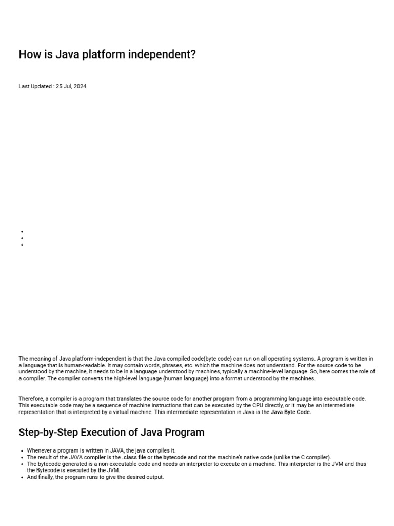 How Is Java Platform Independent?: Last Updated: 25 Jul, 2024 | PDF