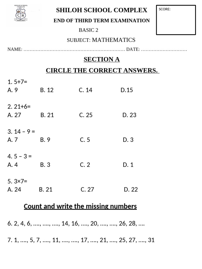 Basic 2 Mathematics Exam Paper | PDF