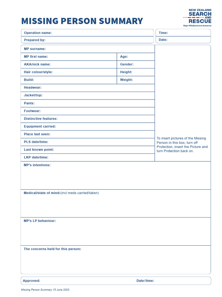 Missing Persons Summary Fillable | PDF