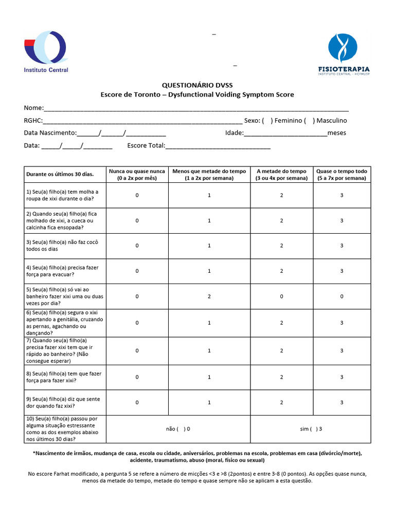 Questionário DVSS para Sintomas Urinários | PDF