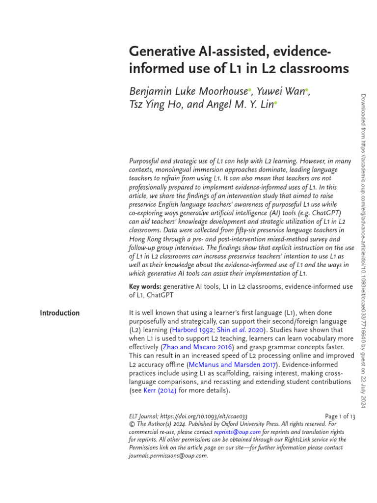 L1 Use in L2 Classrooms with AI Tools | PDF | Second Language ...