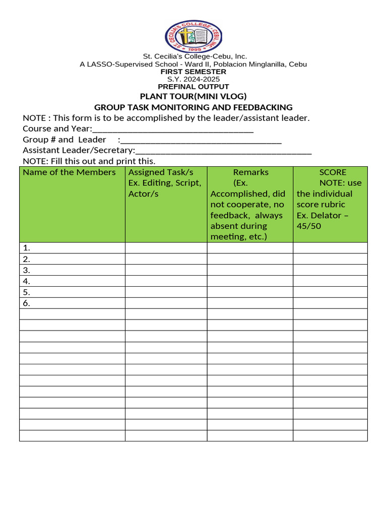 Plant Tour Mini Vlog Group Task Form | PDF