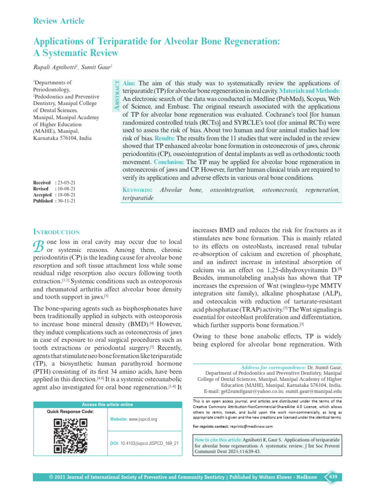 Applications of Teriparatide For Alveolar Bone Regeneration A ...