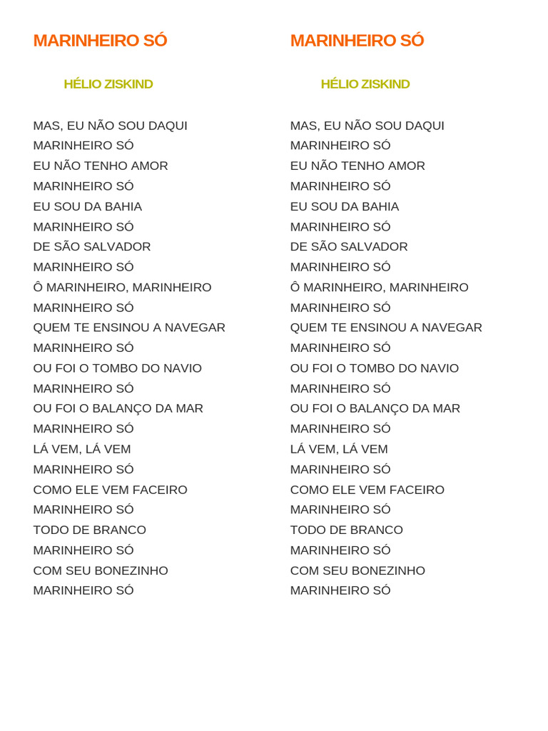 Marinho da Bahia: Letra de Hélio Ziskind | PDF
