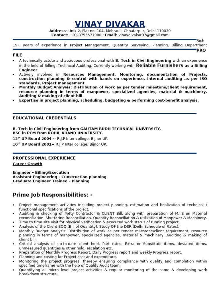 Vinay Divakar Resume | PDF | Project Management | Business