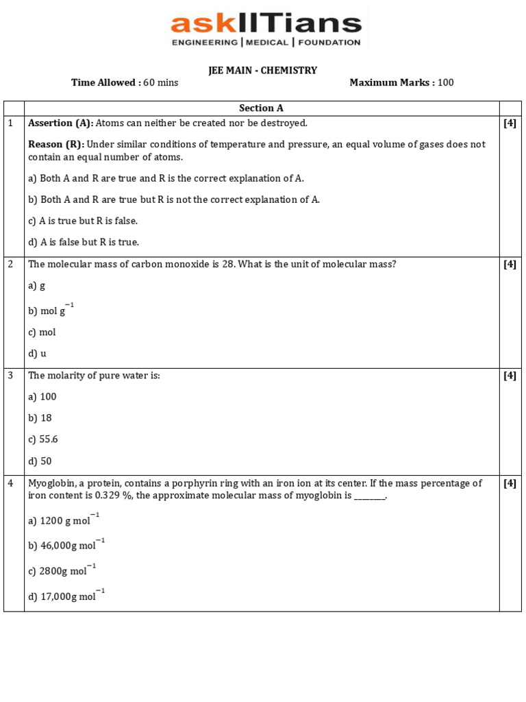 JEE Main Chemistry & Physics Questions | PDF | Electron | Mole (Unit)