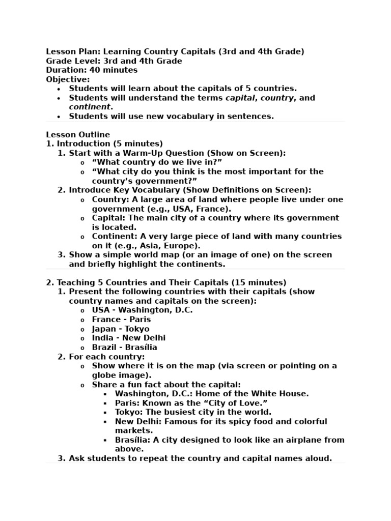 Country Capitals Lesson Plan for Kids | PDF