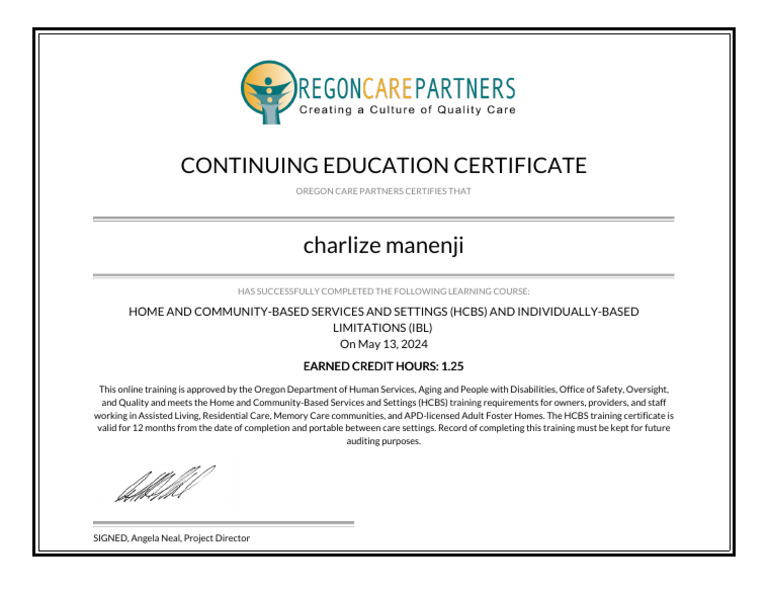Certificate Home and Community-Based Services and Settings (HCBS) and ...