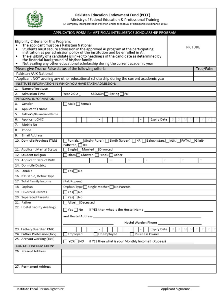 PEEF Scholarship Application Form | PDF | Fee | Pakistan