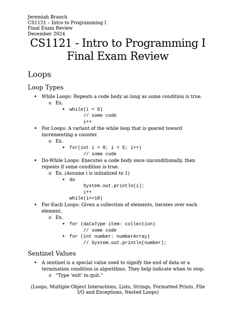 Cs1121 Final Exam Review Loops Oop Pdf Software Bug Control Flow