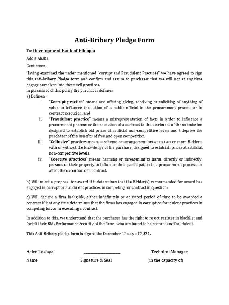 Anti-Bribery Pledge Agreement | PDF | Procurement | Justice