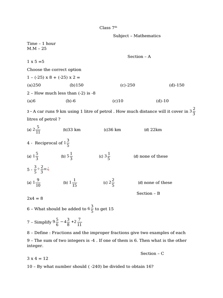 Class 7 Maths Question Paper 2023 | PDF | Mathematical Concepts ...