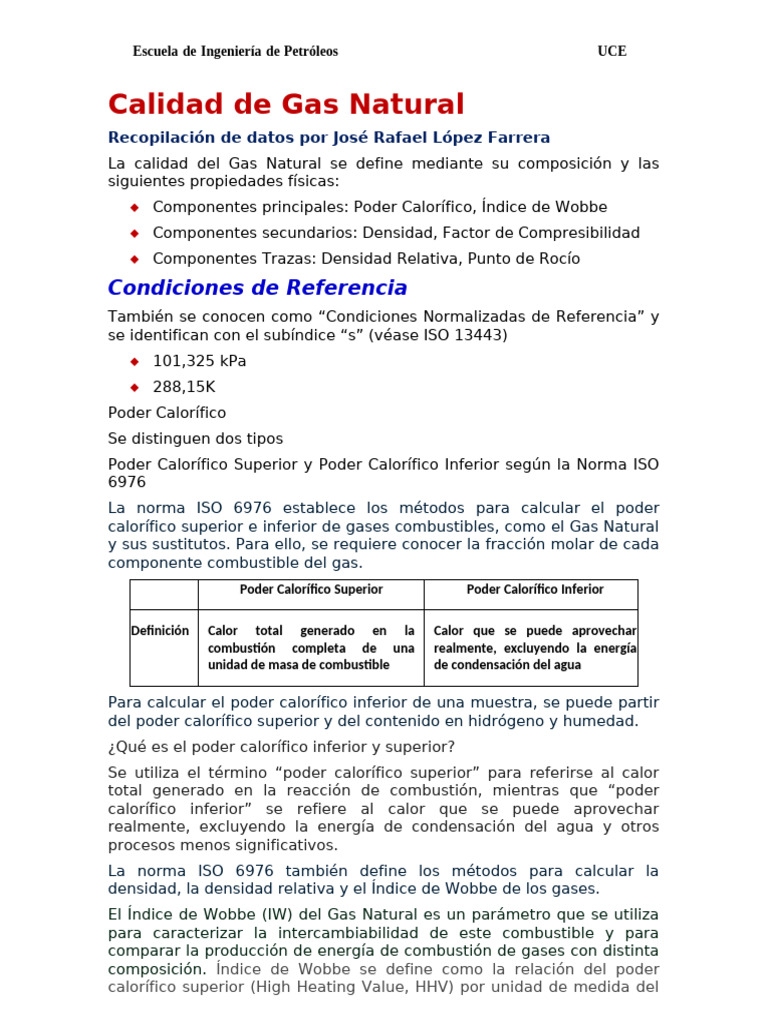Calidad de Gas Natural | PDF | Gas natural | Gases