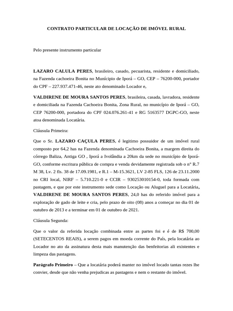 Contrato de Locação de Imóvel Rural | PDF | Aluguel | Consentimento