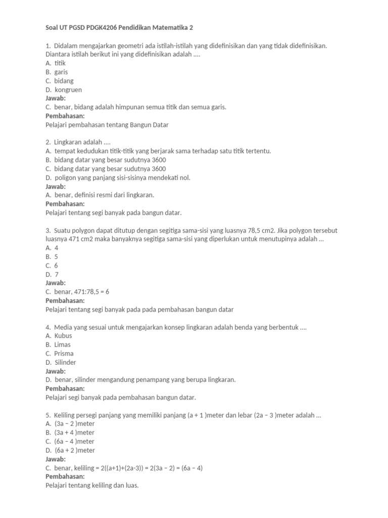 Contoh Soal Ujian Matematika UT | PDF