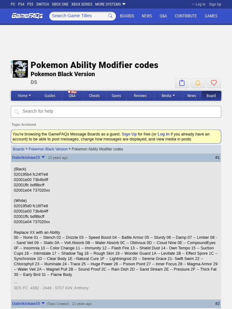 Pokémon Black 2 Ability Modifier Codes | PDF