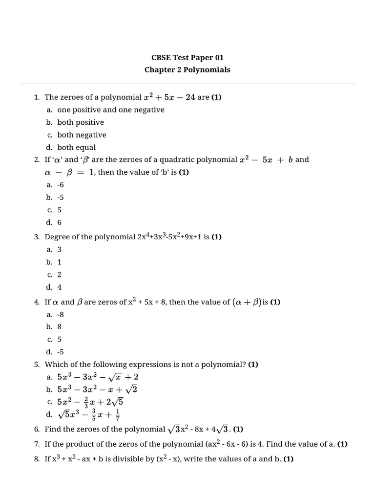 CBSE Chapter 2 Polynomials Test Paper | PDF | Polynomial | Zero Of A ...