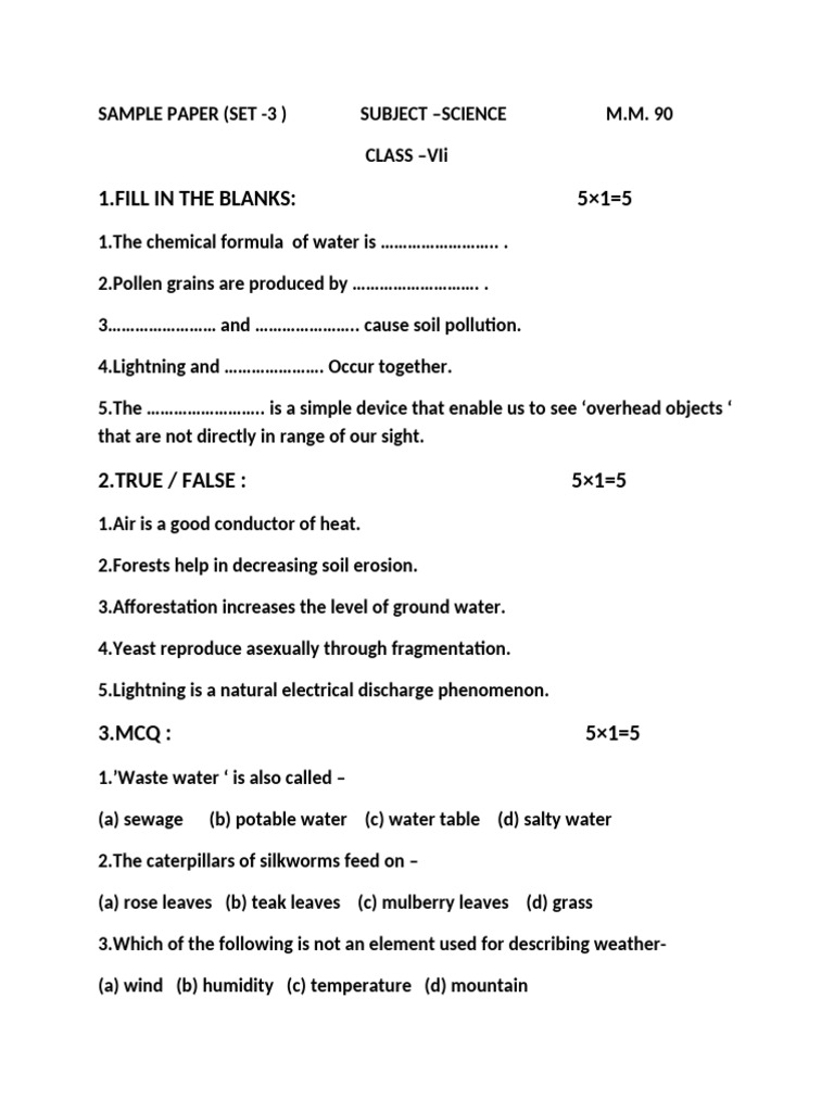 Class 7 Science Sample Paper Set 3 | PDF | Soil | Water