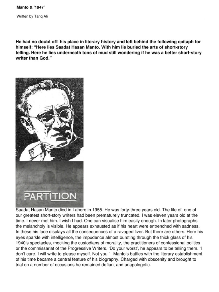 Manto's Legacy and the 1947 Partition | PDF | Partition Of India ...