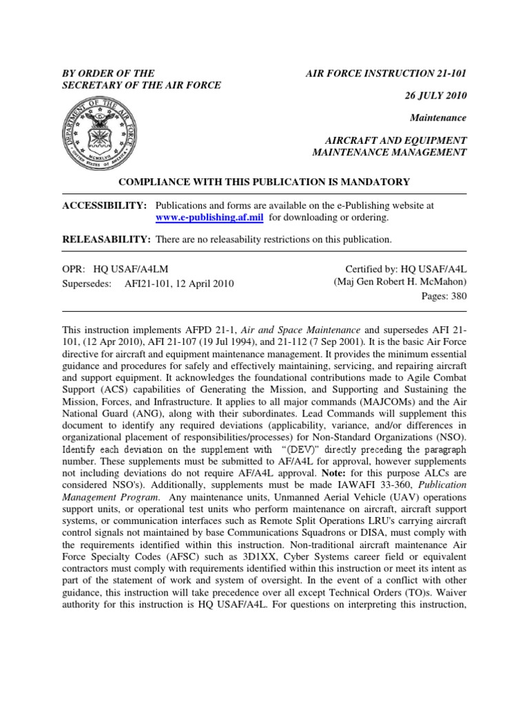 AFI21101 Aircraft and Equipment Maintenance Management United States